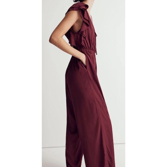 New Size XXL 2X Madewell Jacquard V-Neck Ruffled Jumpsuit Red Cabernet Maroon - Picture 3 of 5